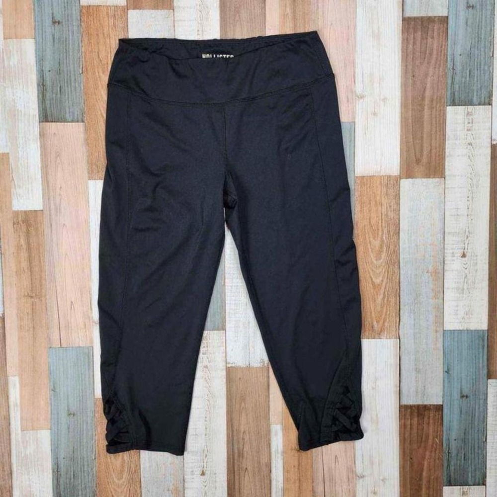 Hollister Womens Black Cropped Active Leggings Lattice Hem Size M